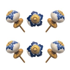 Artisanal Blue Floral Ceramic Knob, Hand Painted Elegance