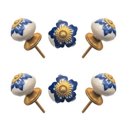 Artisanal Blue Floral Ceramic Knob, Hand Painted Elegance