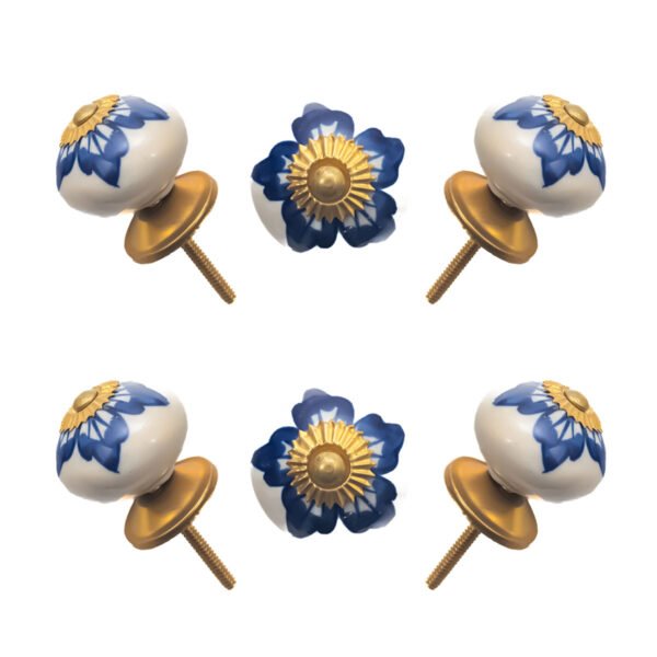 Artisanal Blue Floral Ceramic Knob, Hand Painted Elegance