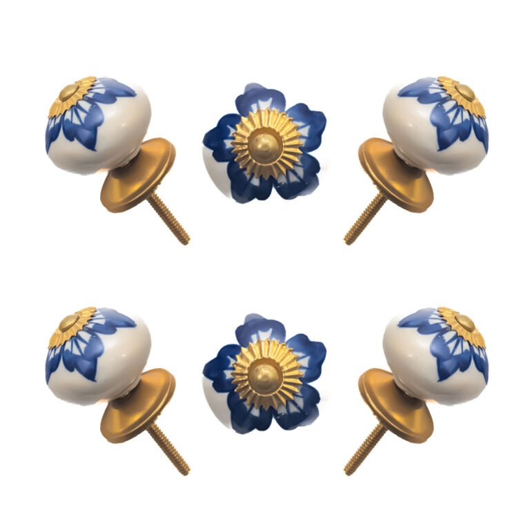 Artisanal Blue Floral Ceramic Knob, Hand Painted Elegance