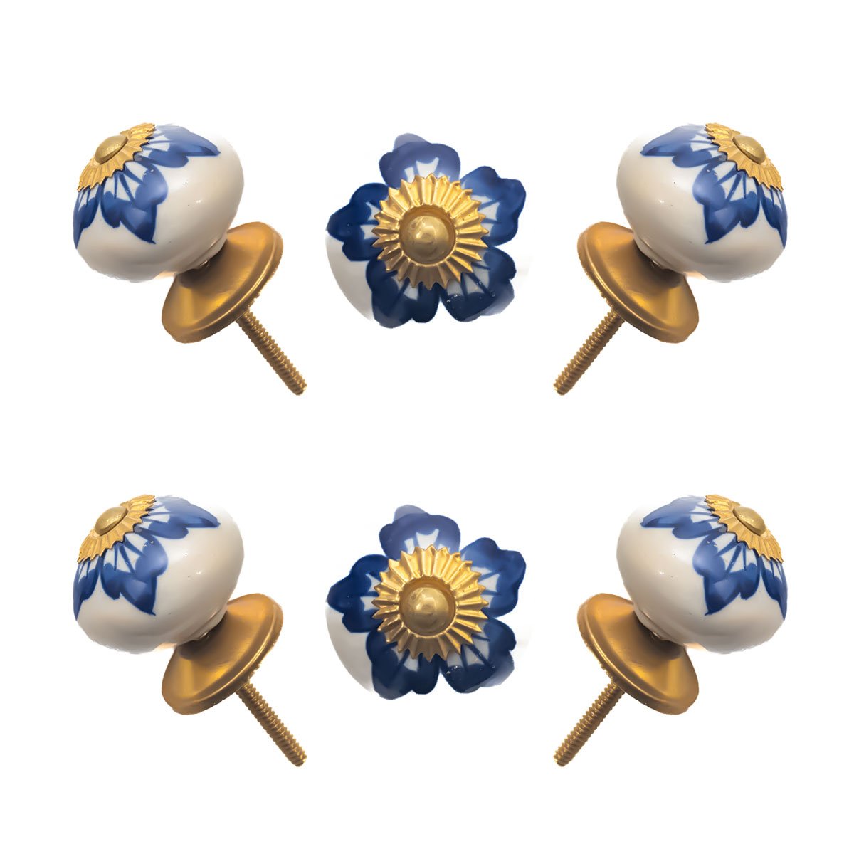 Artisanal Blue Floral Ceramic Knob (Pack of 6)