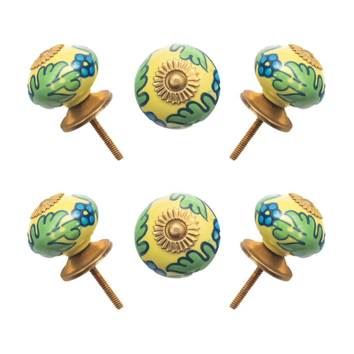 Vibrant Yellow & Green Floral Ceramic Cabinet Knobs (Pack of 6)