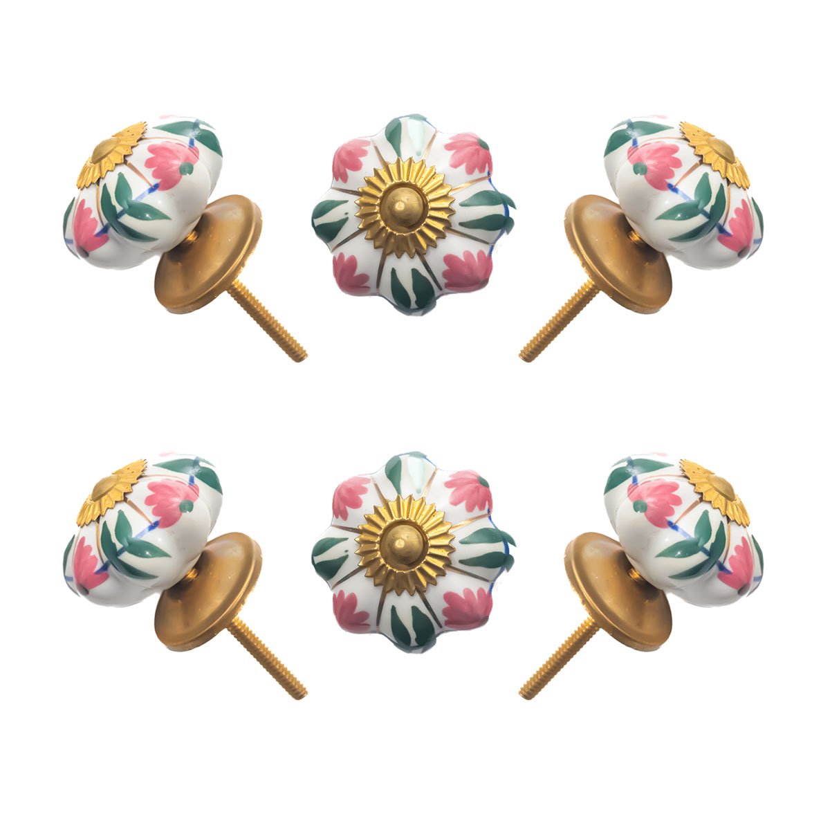 Elegant Pink & Green Floral Ceramic Melon Knobs (Pack of 6)