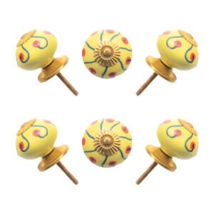 Sunny yellow hand-painted ceramic knob on a white kitchen cabinet