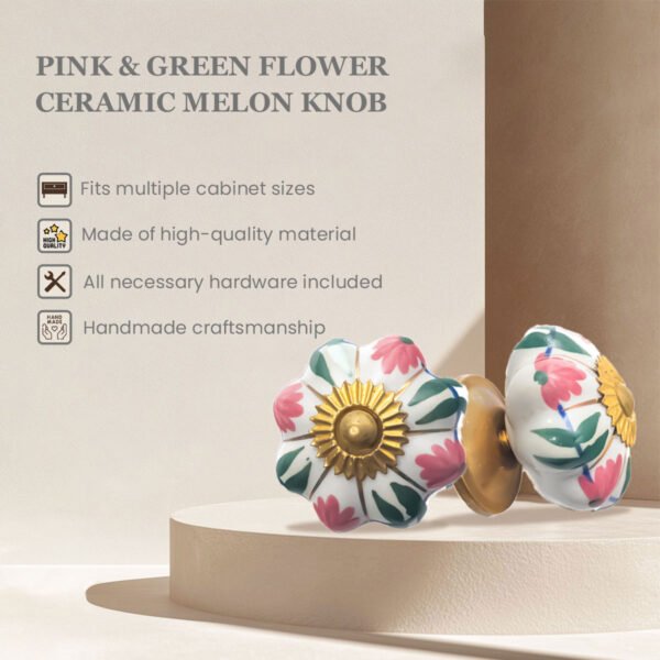 Elegant Pink & Green Floral Ceramic Melon Knobs (Pack of 6) - Hand-Painted & Easy Install for Cabinets & Drawers - Image 5