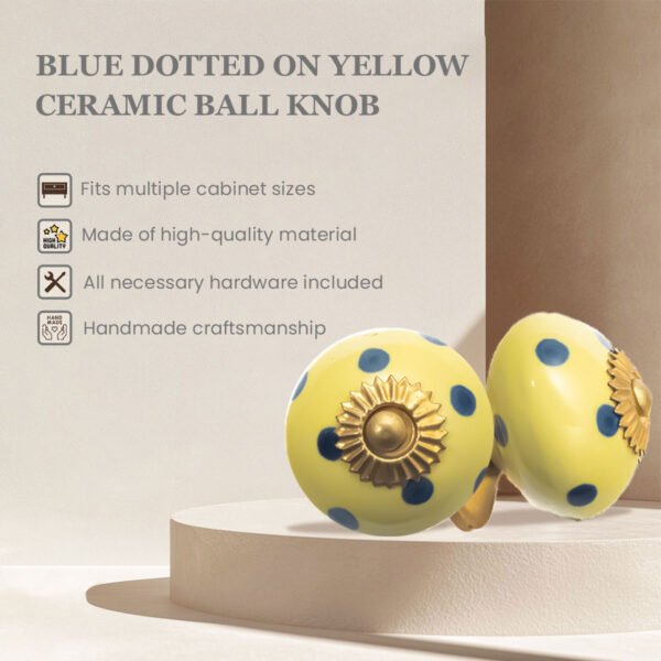 Yellow & Blue Polka Dot Ceramic Knobs with Antique Brass Accents (Set of 6) - 1.5 Inch - CDNY - Image 5
