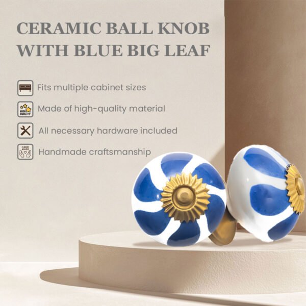 Hand-Painted Blue Leaf & White Ceramic Knobs with Antique Brass Accents (Set of 6) - 1.5 Inch - CDNY - Image 5