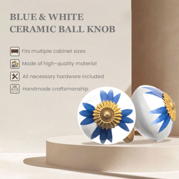Hand-Painted Blue & White Floral Ceramic Knobs with Gold Accents (Set of 6) - 1.5 Inch - CDNY - Image 3