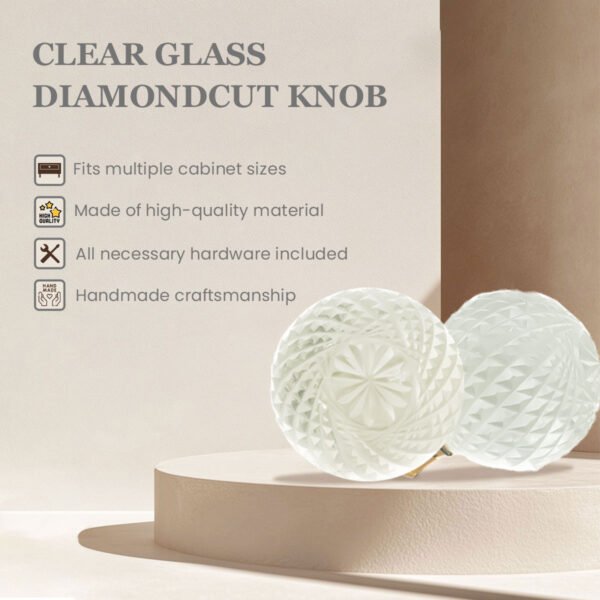Sparkling clear faceted diamond cut Glass Knobs with Solid Brass Base (Set of 6) - 1.5 Inch - CDNY - Image 3