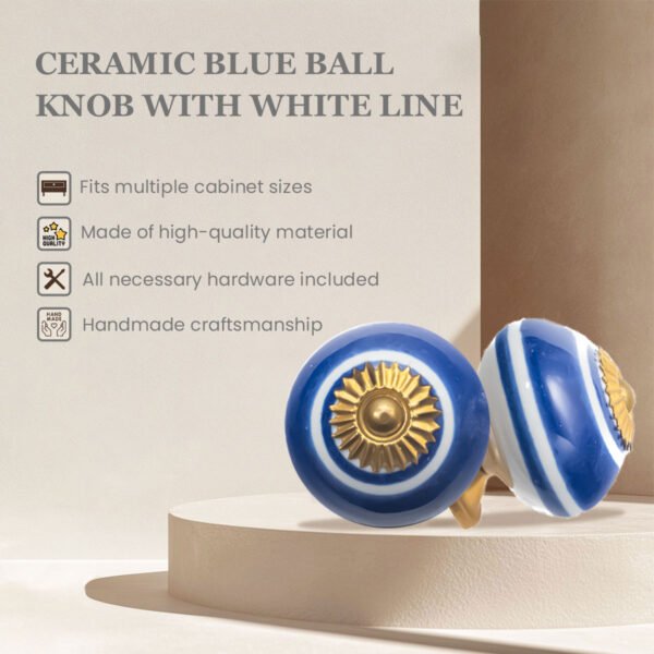 Striking Blue & White Line Striped Ceramic Knobs with Gold Starburst (Set of 6) - 1.5 Inch - CDNY - Image 3