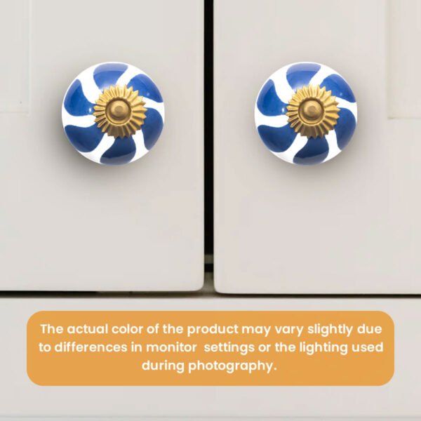 Hand-Painted Blue Leaf & White Ceramic Knobs with Antique Brass Accents (Set of 6) - 1.5 Inch - CDNY - Image 2