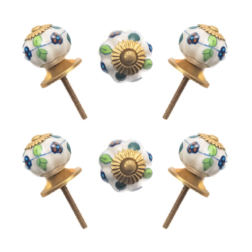 Assorted hand-painted ceramic knobs with multiflowered and abstract designs and gold leaf accents, set of 6