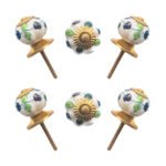 Assorted hand-painted ceramic knobs with multiflowered and abstract designs and gold leaf accents, set of 6