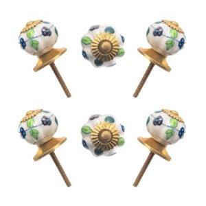 Assorted hand-painted ceramic knobs with multiflowered and abstract designs and gold leaf accents, set of 6