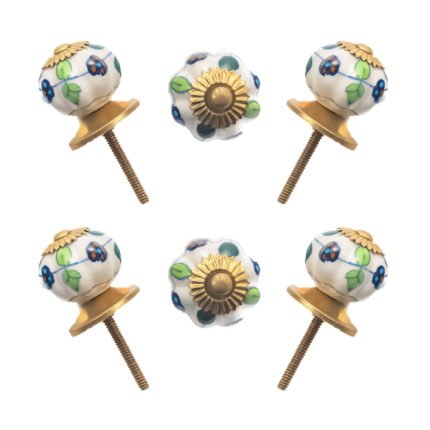 Assorted hand-painted ceramic knobs with multiflowered and abstract designs and gold leaf accents, set of 6