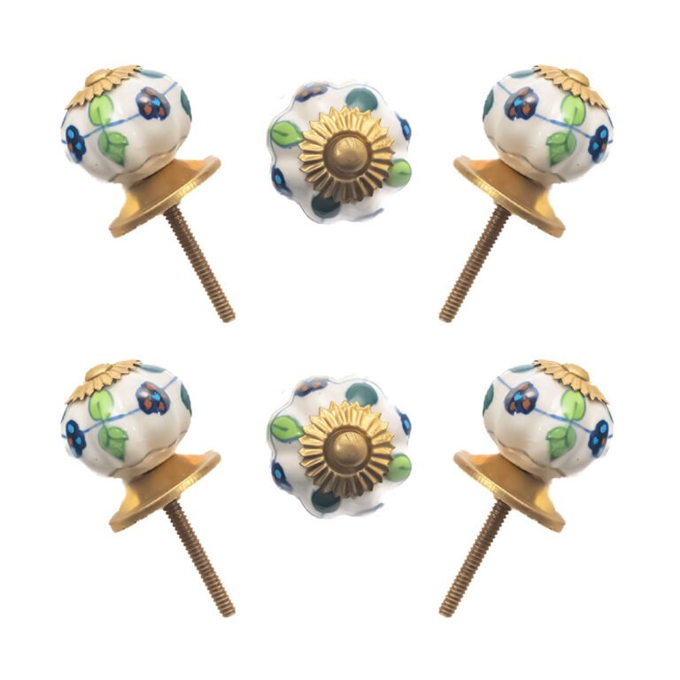 Assorted hand-painted ceramic knobs with multiflowered and abstract designs and gold leaf accents, set of 6