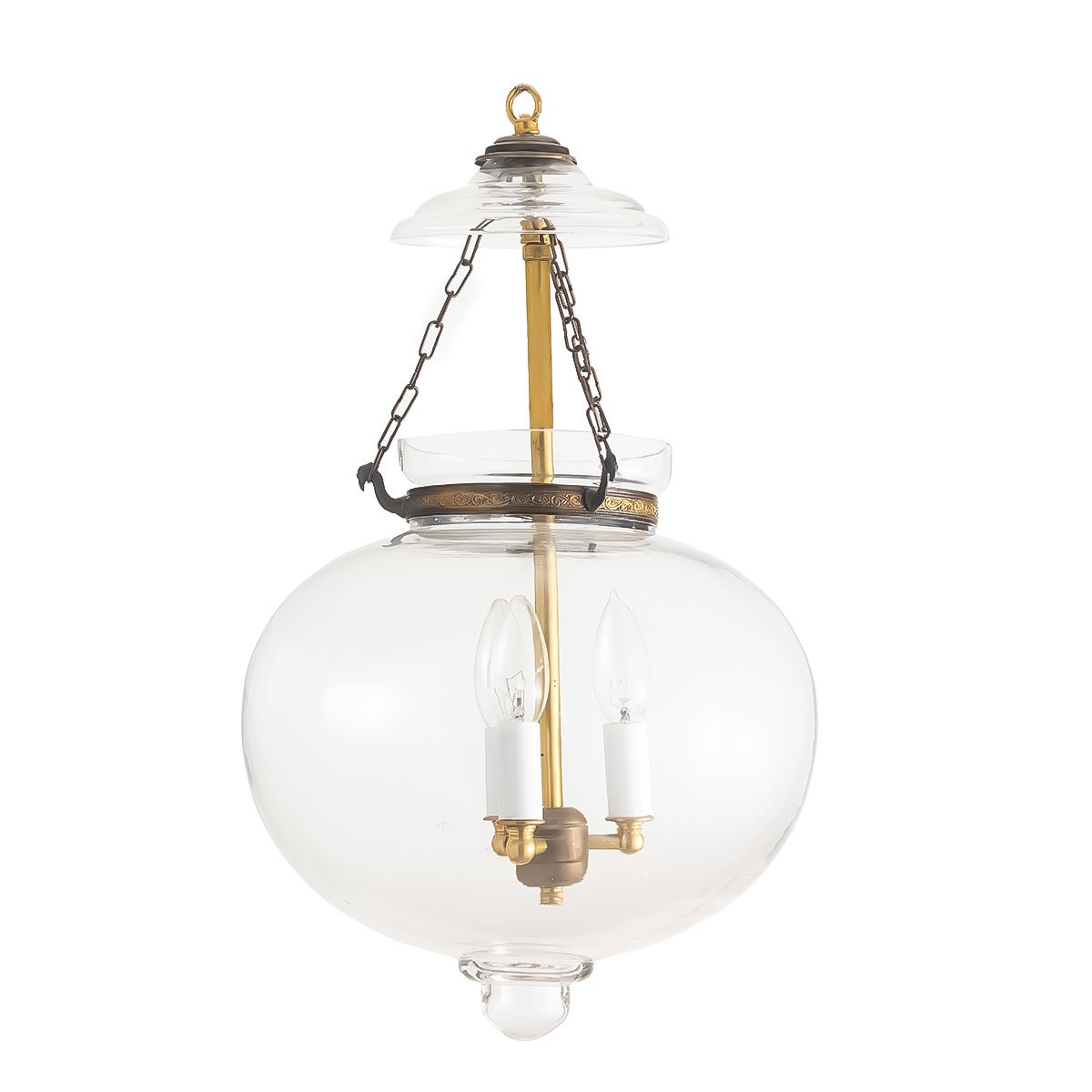 Large plain clear glass onion lantern chandelier with antique brass finish hanging in an entryway