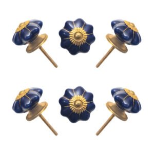 Deep blue ceramic multi-lobed knobs with antique brass accents in a set of 6