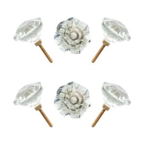Dazzling diamond cut clear glass crystal knobs with brass base, set of 6
