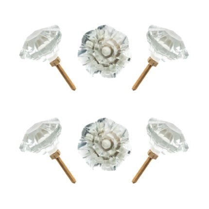 Dazzling diamond cut clear glass crystal knobs with brass base, set of 6