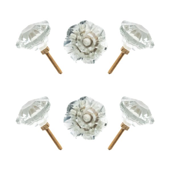 Dazzling diamond cut clear glass crystal knobs with brass base, set of 6
