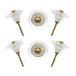 Delicate scalloped clear glass flower knobs in a set of 6, for vintage-inspired furniture