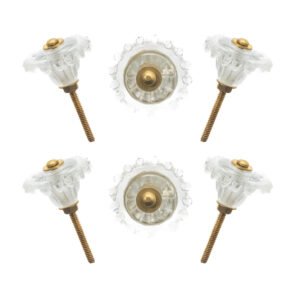 Delicate scalloped clear glass flower knobs in a set of 6, for vintage-inspired furniture