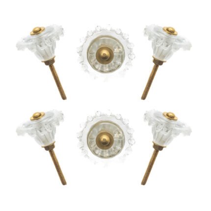 Delicate scalloped clear glass flower knobs in a set of 6, for vintage-inspired furniture