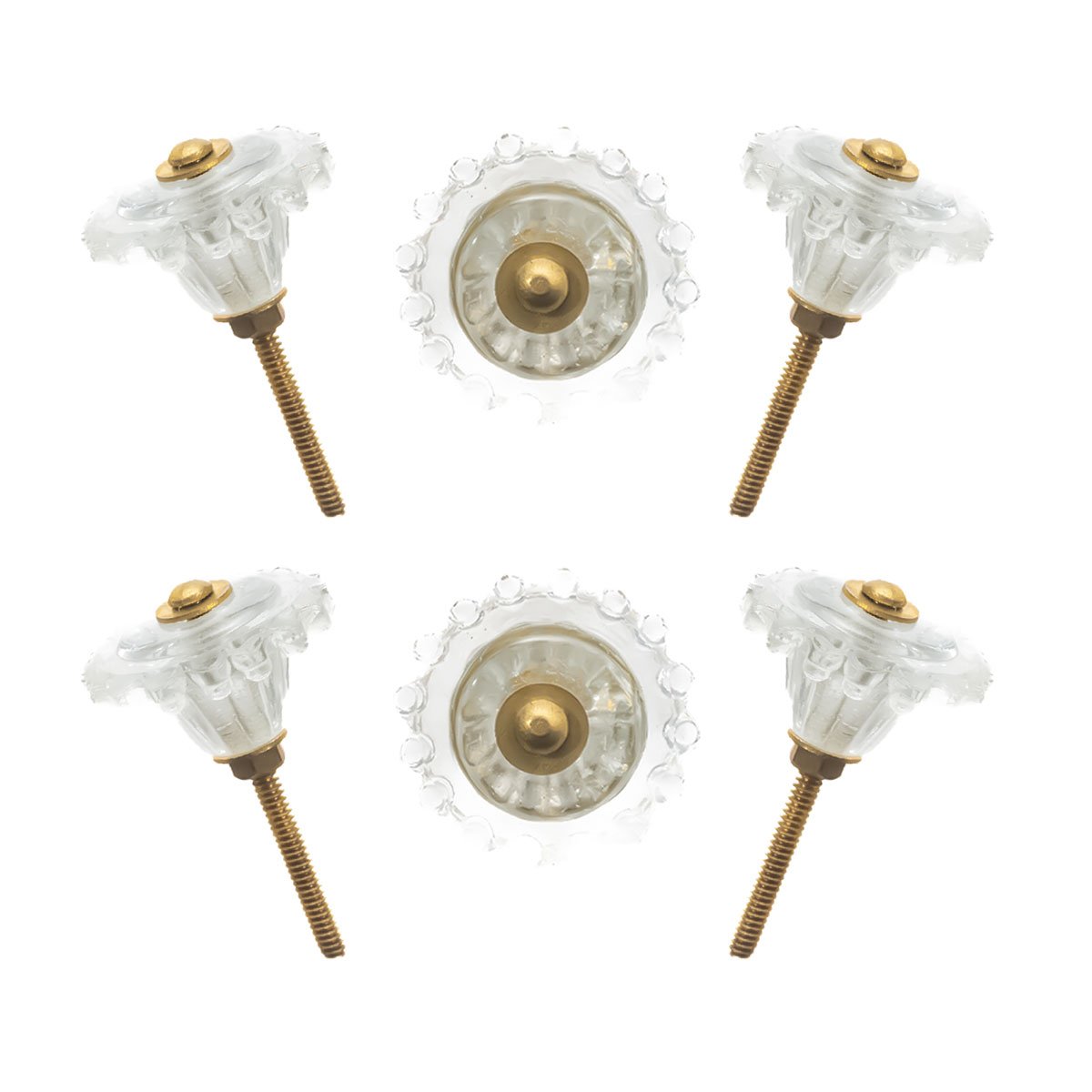 A beautiful set of delicate glass knobs with a scalloped flower design, perfect for adding a charming touch to your furniture.