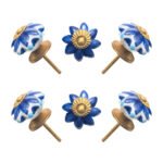 Elegant blue and white multi-lobed ceramic knobs with gold accents, set of 6