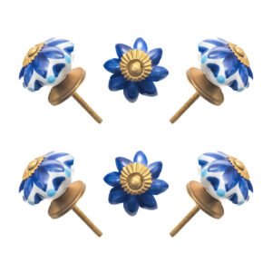 Elegant blue and white multi-lobed ceramic knobs with gold accents, set of 6