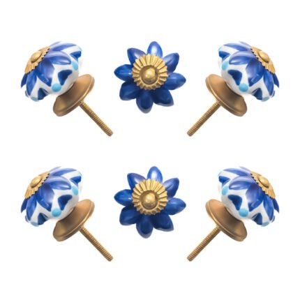 Elegant blue and white multi-lobed ceramic knobs with gold accents, set of 6