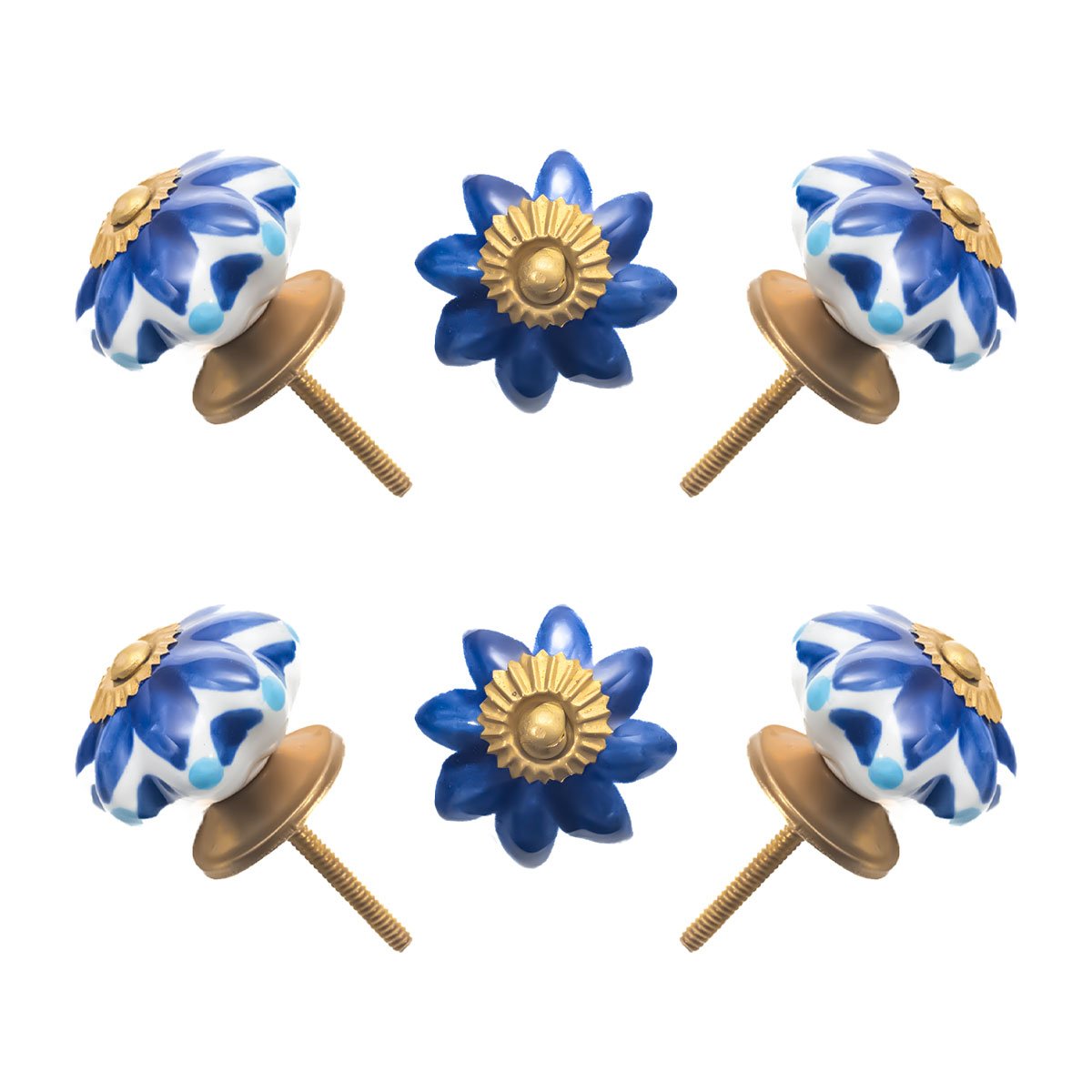 A beautiful set of elegant blue and white ceramic knobs, perfect for adding a sophisticated touch to your furniture.