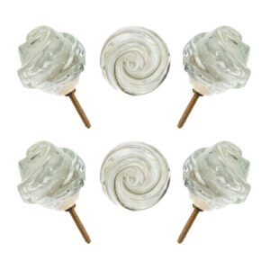 Elegant clear glass rose swirl knobs with antique brass base, set of 6