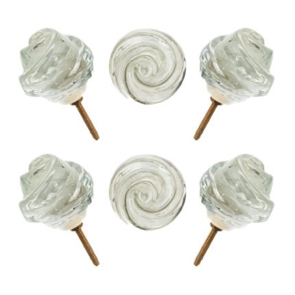 Elegant clear glass rose swirl knobs with antique brass base, set of 6