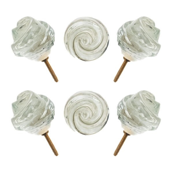 Elegant clear glass rose swirl knobs with antique brass base, set of 6