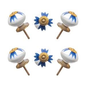 Hand-painted blue and white floral ceramic knobs with gold accents in a set of 6