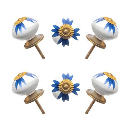 Hand-painted blue and white floral ceramic knobs with gold accents in a set of 6