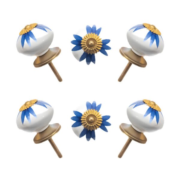 Hand-painted blue and white floral ceramic knobs with gold accents in a set of 6