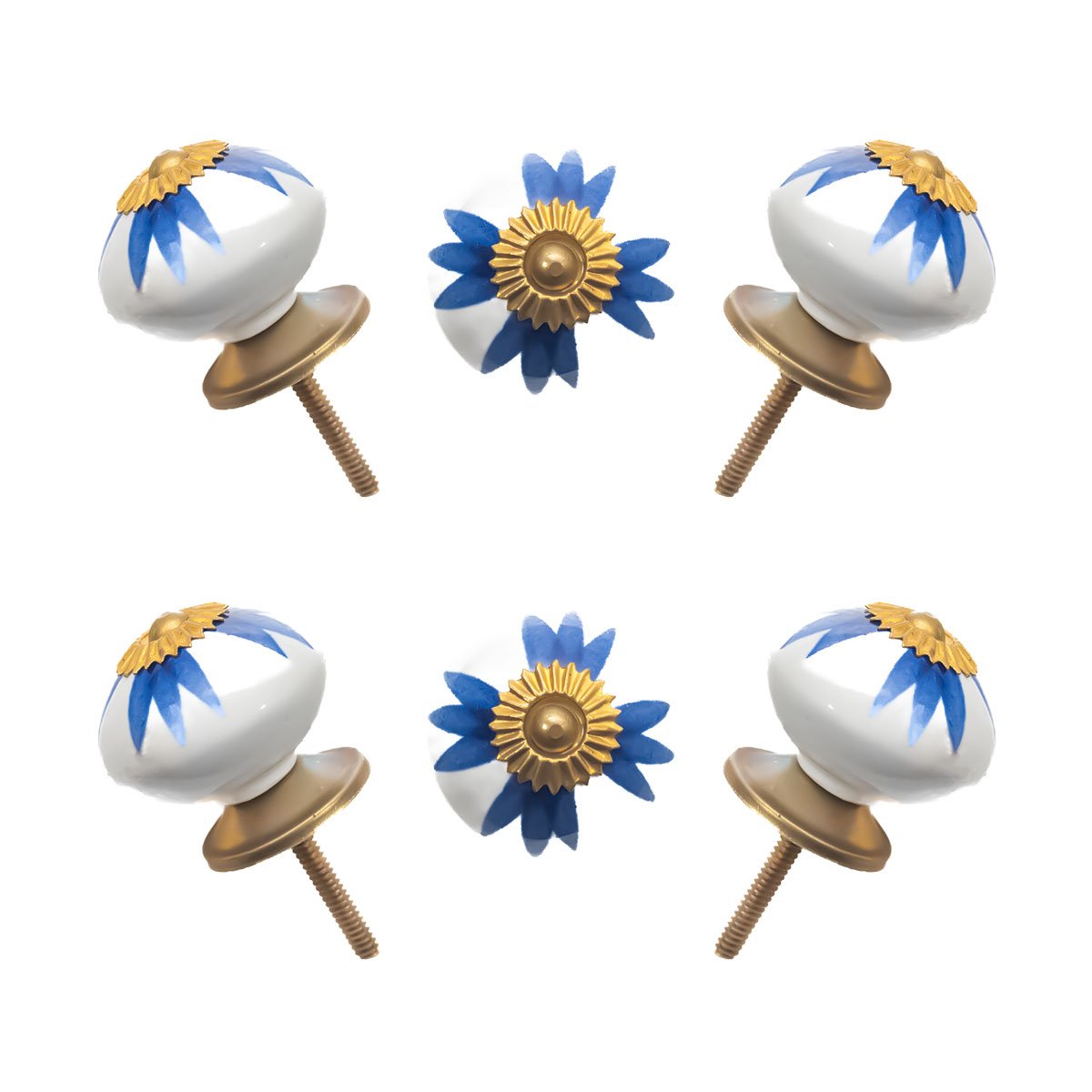 Hand-painted blue and white floral ceramic knobs with gold accents in a set of 6