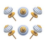 Nautical blue and white striped ceramic knobs with gold starburst accents, set of 6
