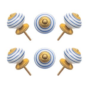 Nautical blue and white striped ceramic knobs with gold starburst accents, set of 6