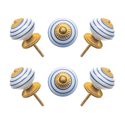 Nautical blue and white striped ceramic knobs with gold starburst accents, set of 6