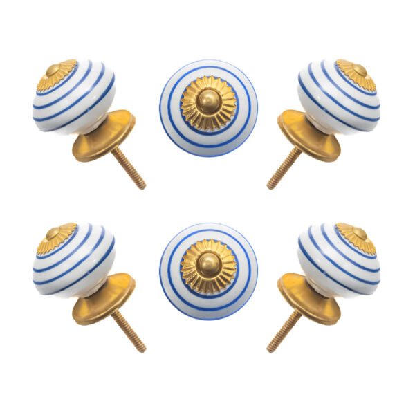 Nautical blue and white striped ceramic knobs with gold starburst accents, set of 6