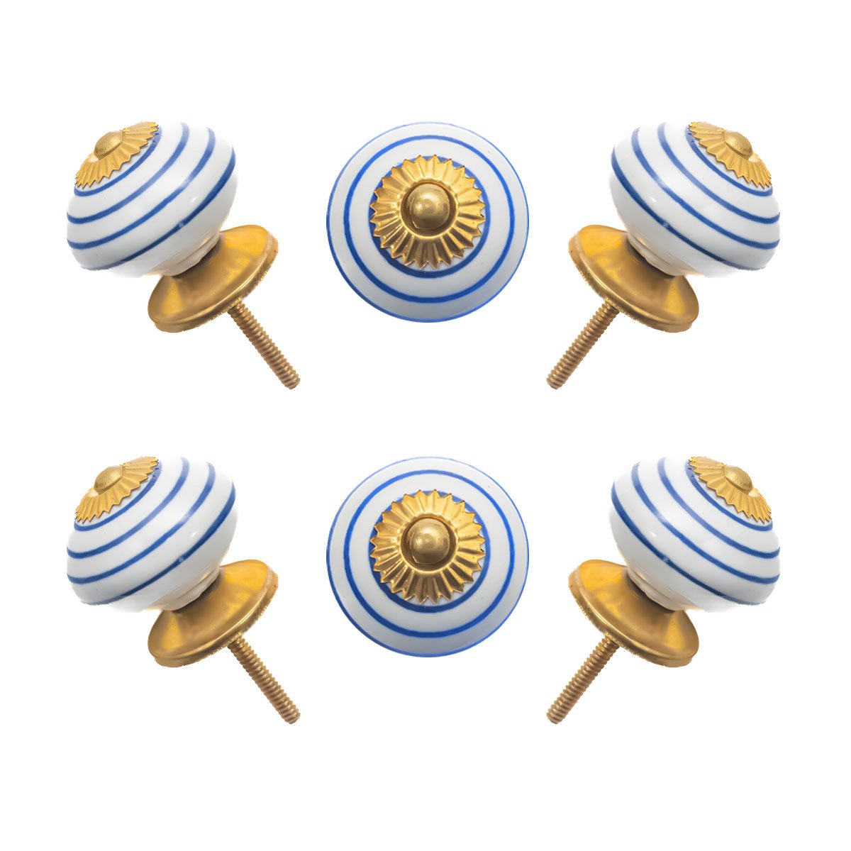 Add a chic coastal touch to your drawers with these blue and white ceramic knobs, featuring a gold starburst design.