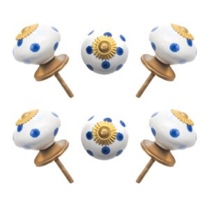 Blue polka dot ceramic knobs with gold starburst accents, set of 6