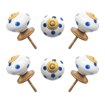 Blue polka dot ceramic knobs with gold starburst accents, set of 6