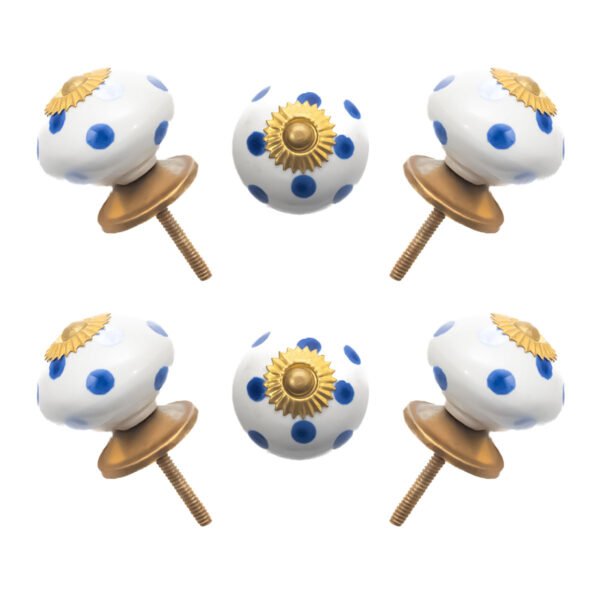 Blue polka dot ceramic knobs with gold starburst accents, set of 6