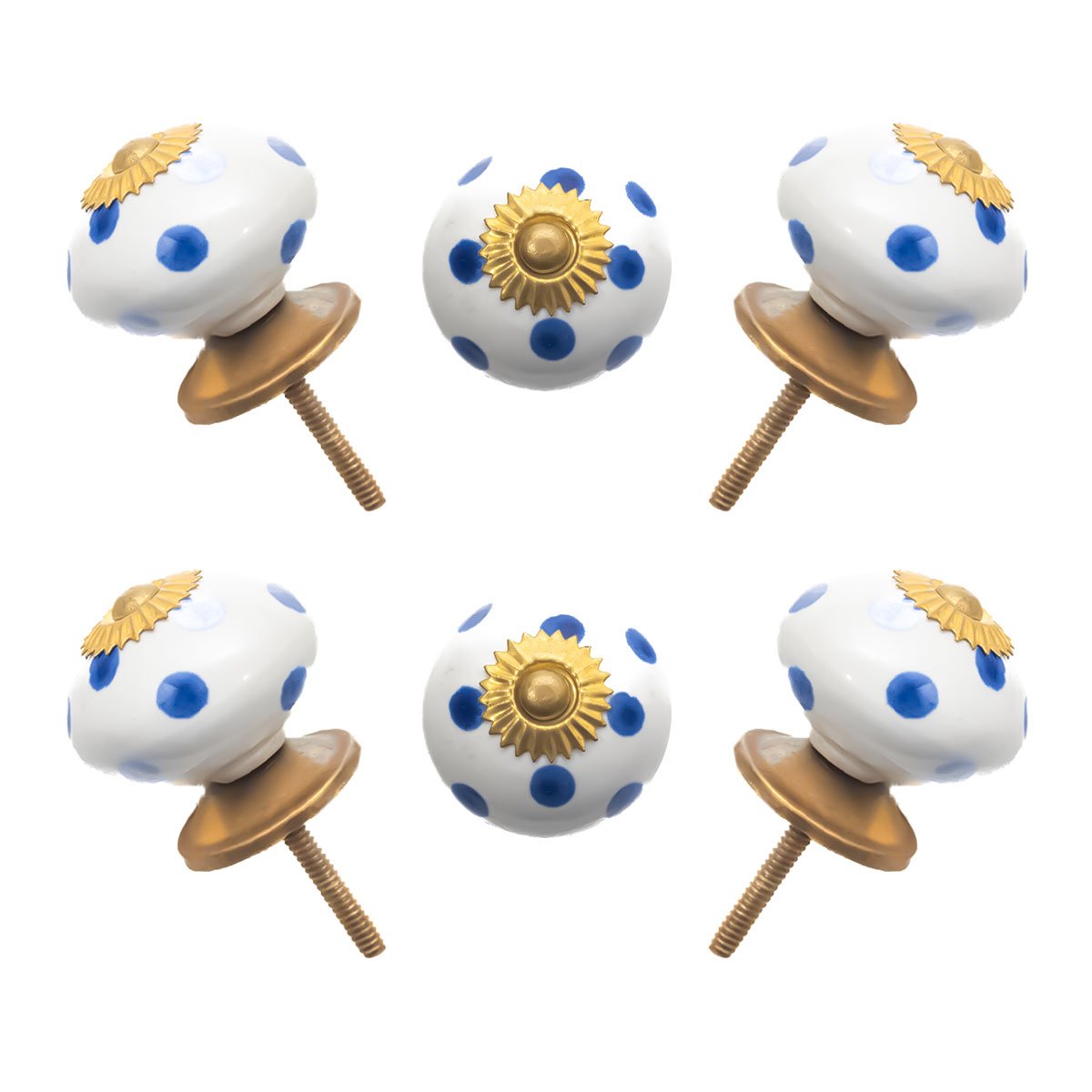 Add a playful touch to your drawers with these blue and white ceramic knobs, featuring a gold starburst design.