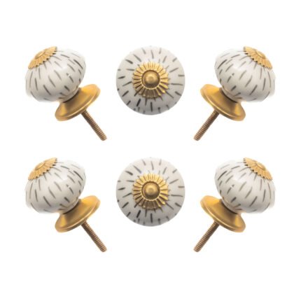 Hand-painted grey dash ceramic knobs with gold accents, set of 6